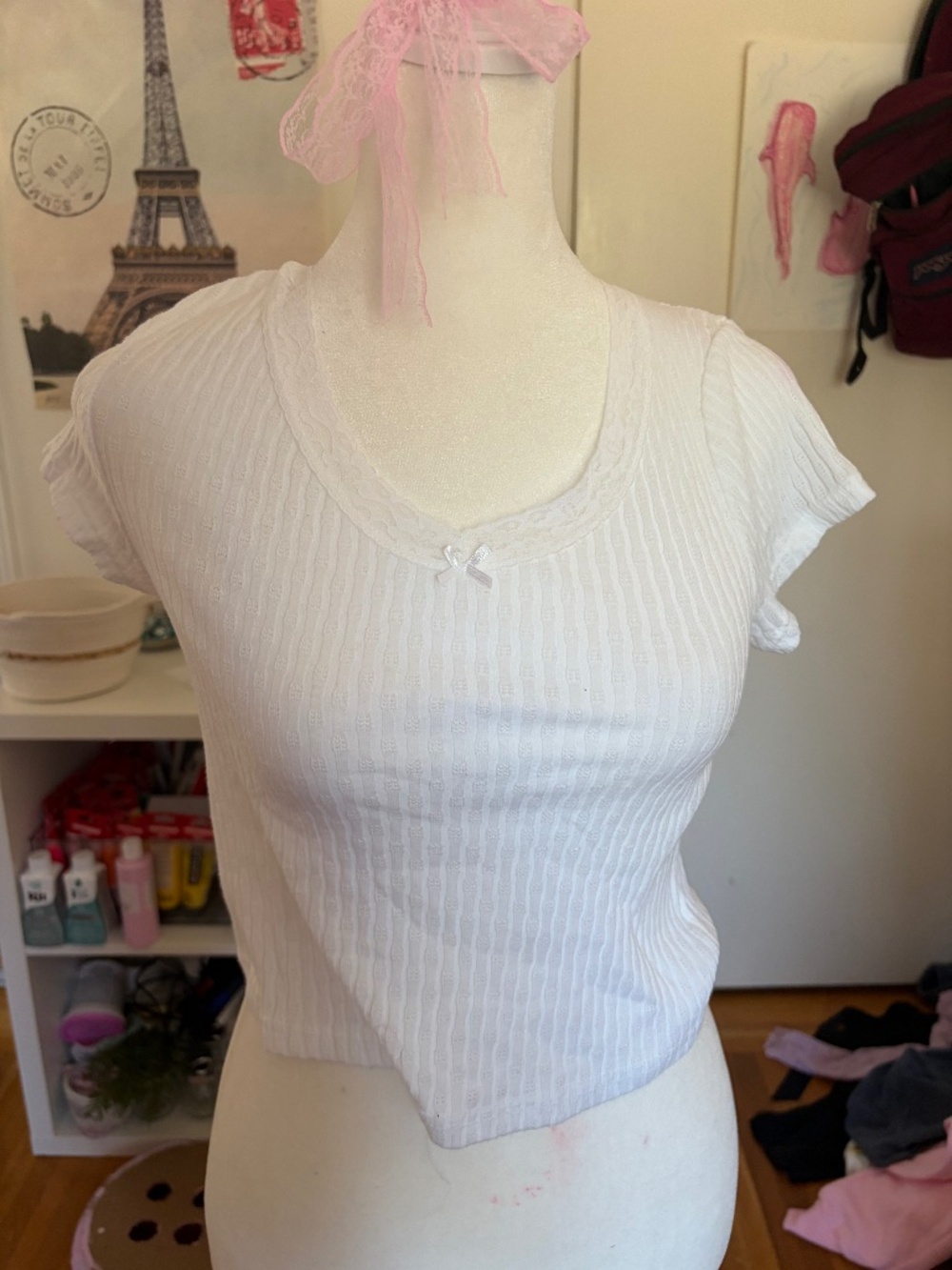 Topshop White Pointelle Knit Lace Trim Baby Tee with Bow - Size US 6